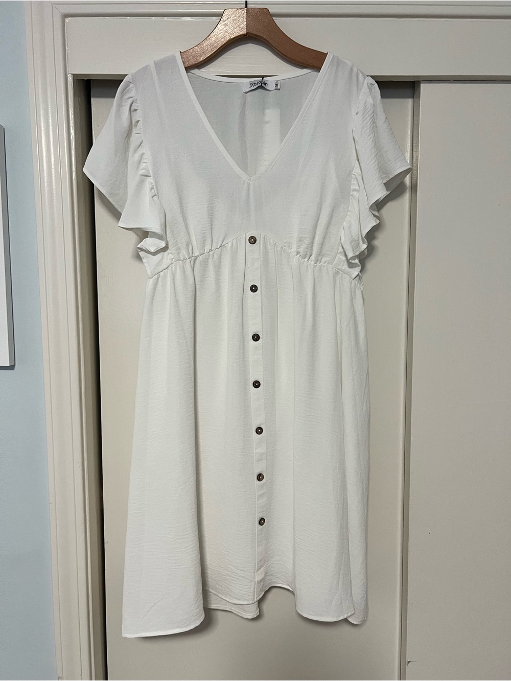 Women’s White V-Neck Button-Front Mini Dress with Flutter Sleeves